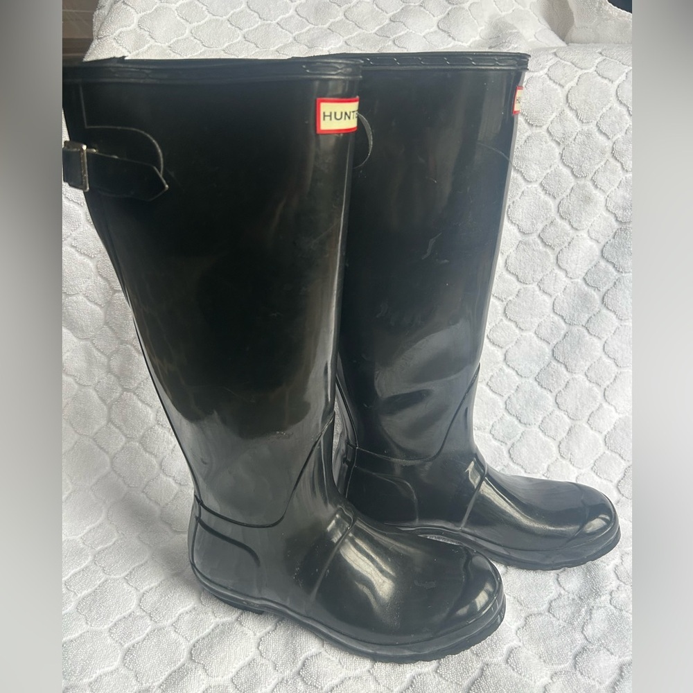 Hunter Black Tall Adjustable Calf Rain Boots Women’s Size 8 Glossy Outdoor - Picture 3 of 15